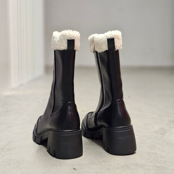Black Winter Boots With Faux Fur Trim & Chunky Sole - Womens Mid-Calf Style With - Picture 4 of 7